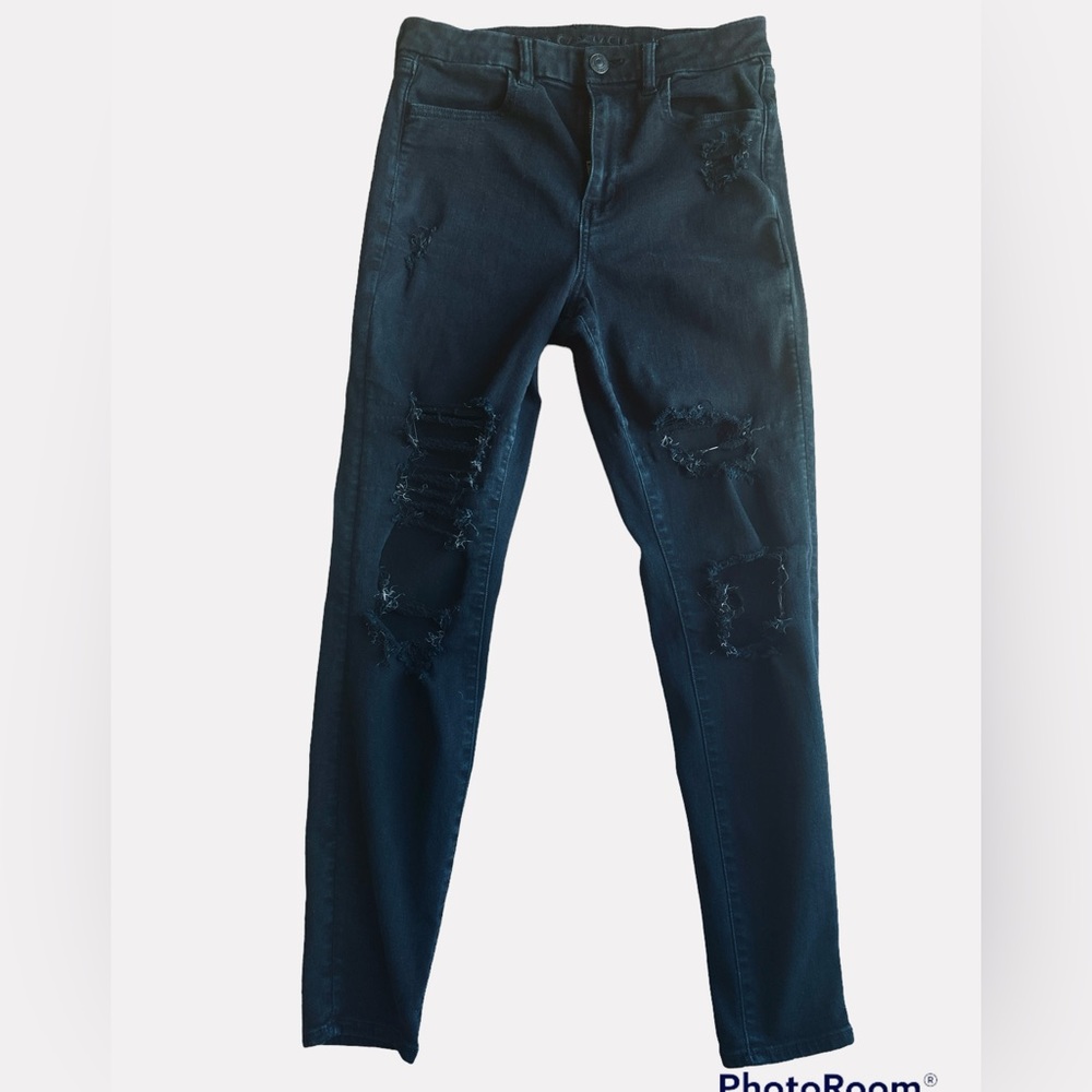 American Eagle next level stretch, ripped, black distressed jeans. Size 8R